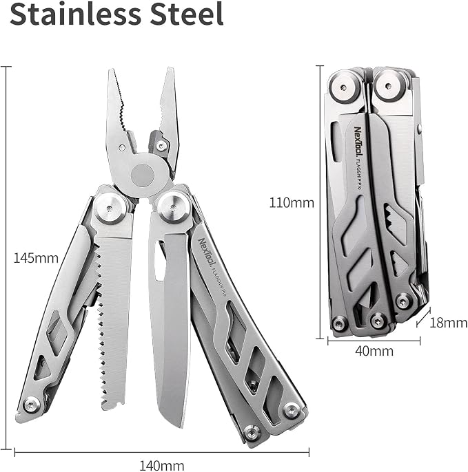 NexTool Flagship Pro Multitool Pliers with Full-size Scissors (Silver) | 16-in-1 Multi-tool, Safety Locking, Replaceable YG8 wire cutters, Tool for Camping, Survival, Fishing, Repair, Gifts for Men
