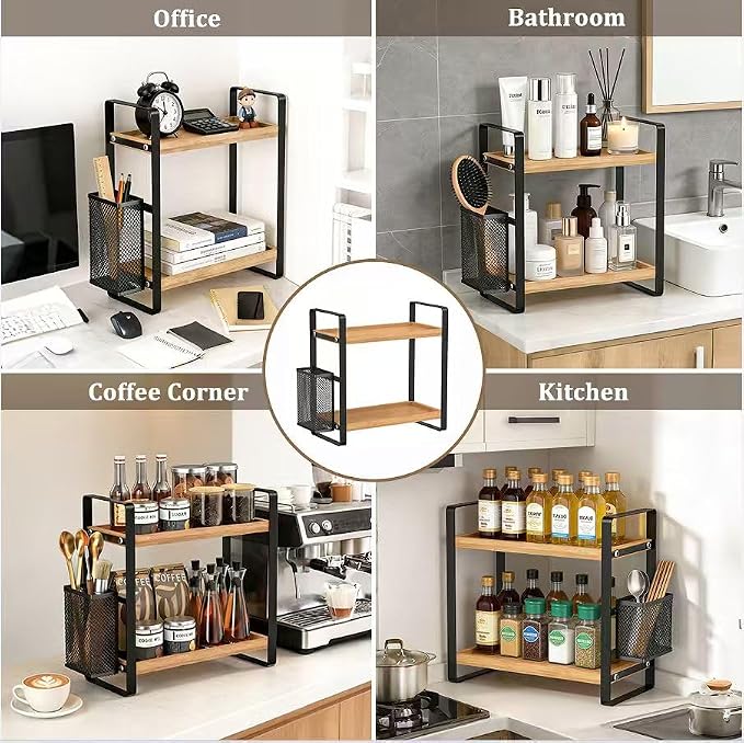 LEMIKKLE 2-Tier Coffee Bar Organizer With Basket,Wooden Counter Shelf for Coffee Bar Accessories,Kitchen Spice Rack Organizer for Countertop-Brown