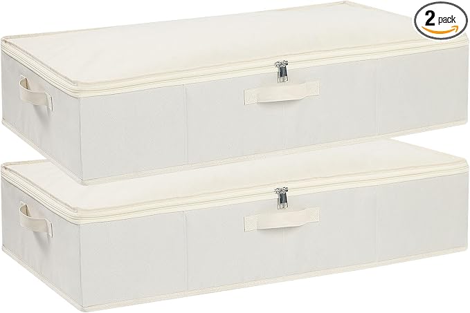 Underbed Storage Organizers,Beige,2 Pack,23.6x11.8x5.9 Inch | Under Bed Storage Container with Lids,Fabric Boxes,Drawer Organizer Bags,Foldable Baskets for Bedroom