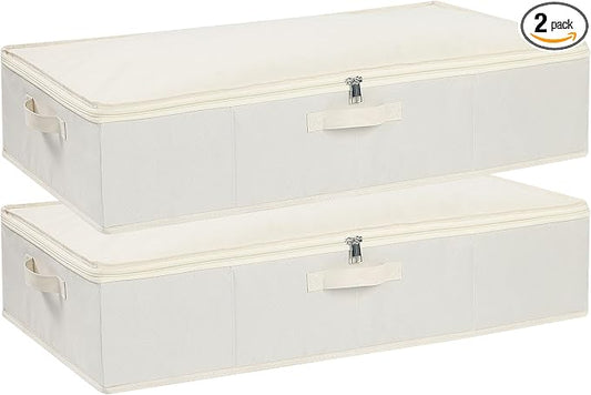 Underbed Storage Organizers,Beige,2 Pack,23.6x11.8x5.9 Inch | Under Bed Storage Container with Lids,Fabric Boxes,Drawer Organizer Bags,Foldable Baskets for Bedroom