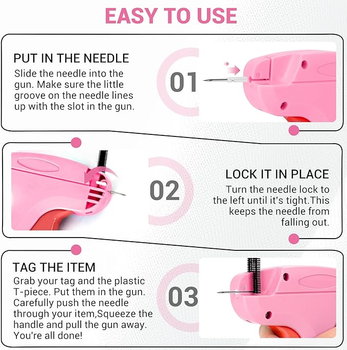 Stitch Gun for Clothes - Handheld Quick Clothing Fixer - Tagging Gun for Clothing, Sewing Kit - Includes 6 Fine Needles, 1000 White & 1000 Black Fasteners (Pink Red)
