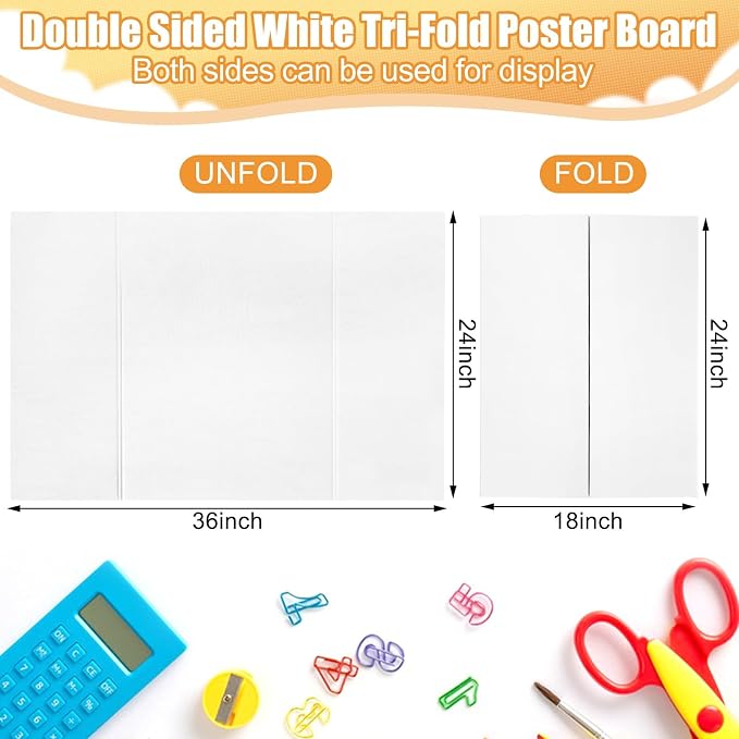2 Pack Trifold Poster Board 36" x 24", White Science Fair Display Boards | Thickened Corrugated Cardboard, Portable, Ideal for School Projects and Event Displays