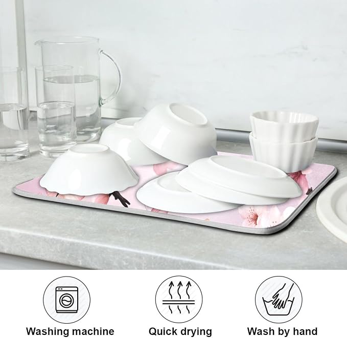 Cherry Blossoms Flowers Dish Drying Mat 18x24 for Kitchen Sakura Branch Pink White Floral Dishes Pad Dish Drainer Rack Mats Absorbent Fast Dry Kitchen Accessories