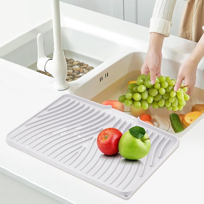 TIKNIK Silicone Dish Drying Mat for Kitchen Counter - Heat Resistant & Non-Slip Dish Drain Pad with Built-In Drain, Dishwasher Safe, Quick-Dry, Hangable & Roll-Up for Storage, White-2pcs, 16" x 12"