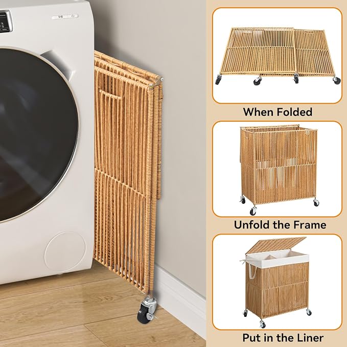 WOWLIVE Rolling Laundry Basket Wheels, Handwoven Laundry Hamper with Lid | Double Clothes Hamper with Divided Removable Bag, 115L Large Laundry Sorter 2 Section, Laundry Room Organization, Natural