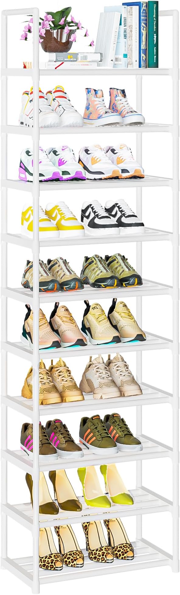 OYREL Shoe Rack, Sturdy Metal Space Saving Stackable Shoes Organizer | Closet, Entryway, Garage, Door Entrance, 10-Tier Narrow Shoe Shelf, Free Standing Shoes Holder, White