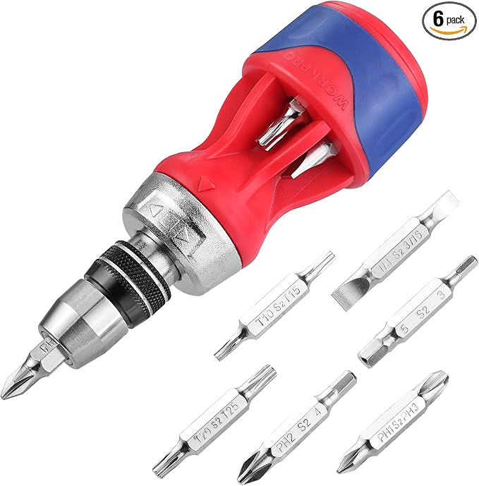 WORKPRO 12-in-1 Stubby Ratcheting Multi-bit Screwdriver | Short Screw Drivers with Magnetic, Quick-load Mechanism, Premium S2 Steel, Small Screwdriver with Double End Bits in Handle