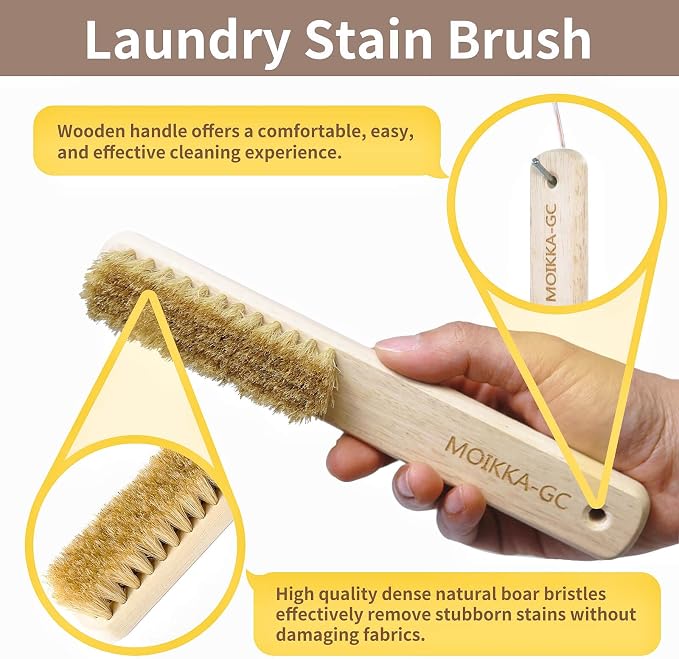 Wood Laundry Stain Brush with Boar Bristle, Tough Stain Remover for Delicate Fabric, Cotton, Linens, and Shoes, Laundry Scrub Brush for Fresh and Clean Fabric