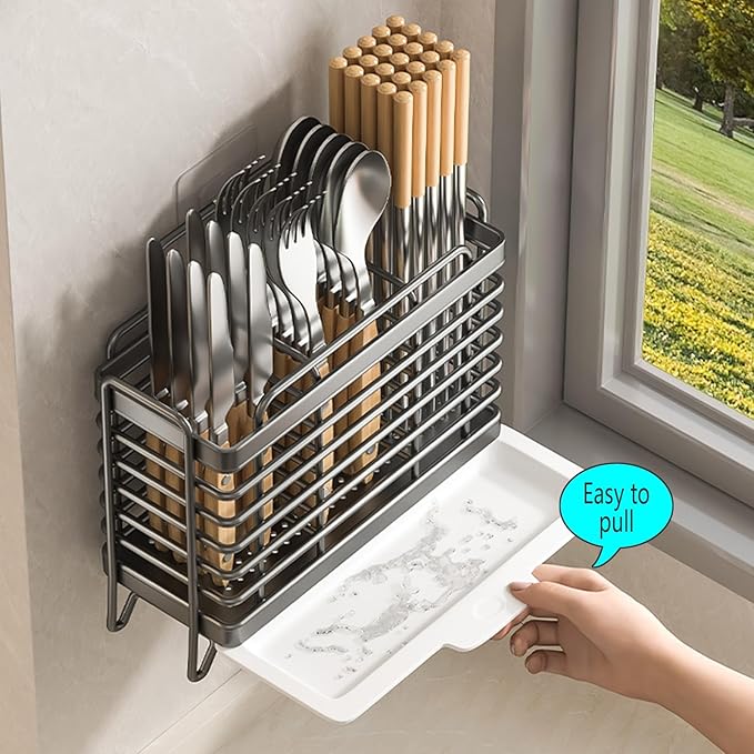 Stainless Steel Utensil Holder, Countertop Drying Rack with Drain Tray & Towel Bar, Space Saving Kitchen Organizer(Black)