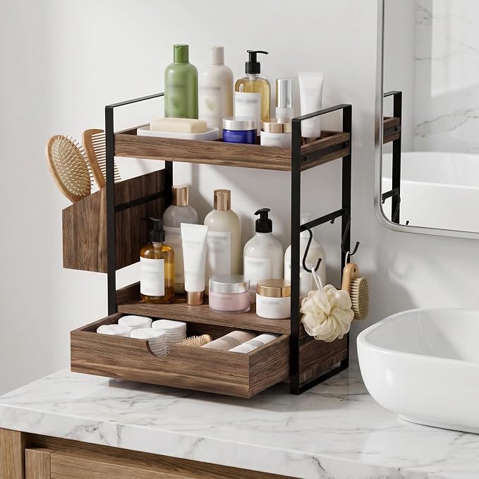 Kottwca 2-Tier Bathroom Counter Organizer with Drawer, Basket & Hooks, Wooden Vanity Shelf for Skincare, Perfume & Makeup Storage(Dark Brown)