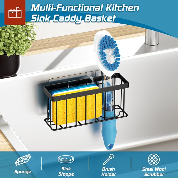 MURLONG Sponge Holder for Kitchen Sink,Sink Caddy Organizer with Suction Cups/Adhesive Strips,Dish Sponge Holder Design for Sponges,Scrubber,Stoppers-Black