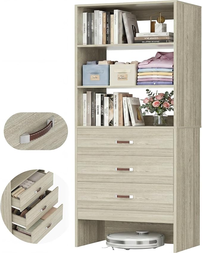 Armocity Freestanding 2FT Closet System with Leather Handles, 24" Walk-in Closets Storage Unit with Cabinet, Wood Wardrobe Closet Organizer and Storage with 3 Drawers for Small Space, White Oak
