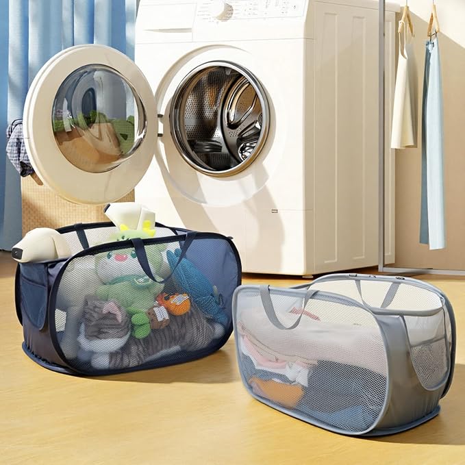 Foldable Laundry Basket Set of 4, Durable Mesh Material, Easy Carry Handles, Perfect for Home, Dorm, Travel - Beige, Navy, Black, Grey