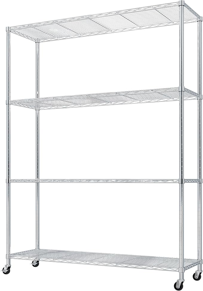 Karl home Silver 4-Tier Wire Storage Shelving with Wheels, 800LBS | Rolling Storage Unit Dimension 64.96"H X 46.06" W X 17.7" D, Multipurpose Organizer for Garage, Kitchen, Basement