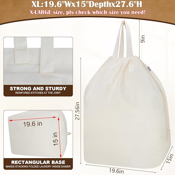Canvas Laundry Bags with Handles & Rectangular Base, 20"Wx15"Dx27.6"H Beige | Extra Large Heavy Duty Laundry Basket Hamper Liner Replacement, Washable Drawstring Dirty Clothes Bag, Canvas Storage Sack