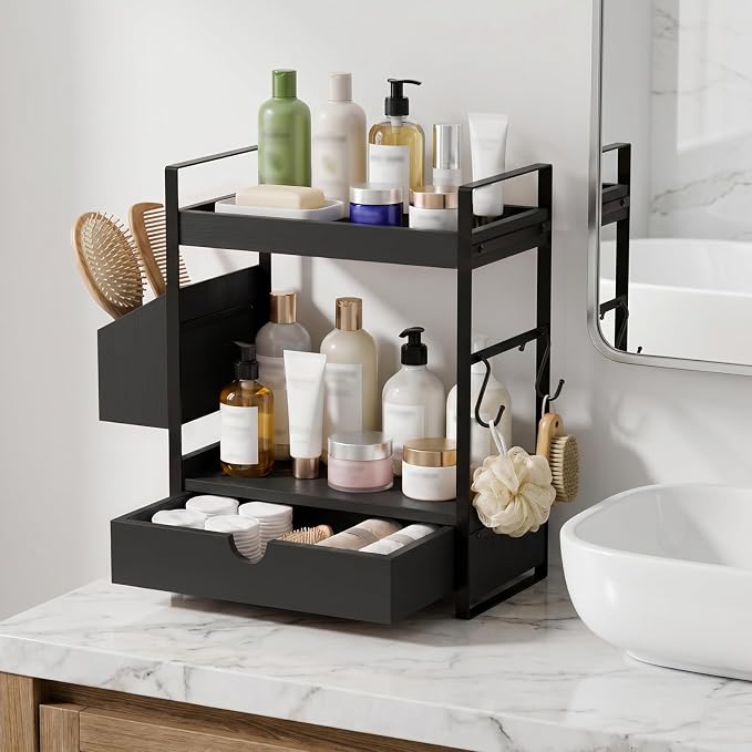 Kottwca 2-Tier Bathroom Counter Organizer with Drawer, Basket & Hooks, Wooden Vanity Shelf for Skincare, Perfume & Makeup Storage(Black)