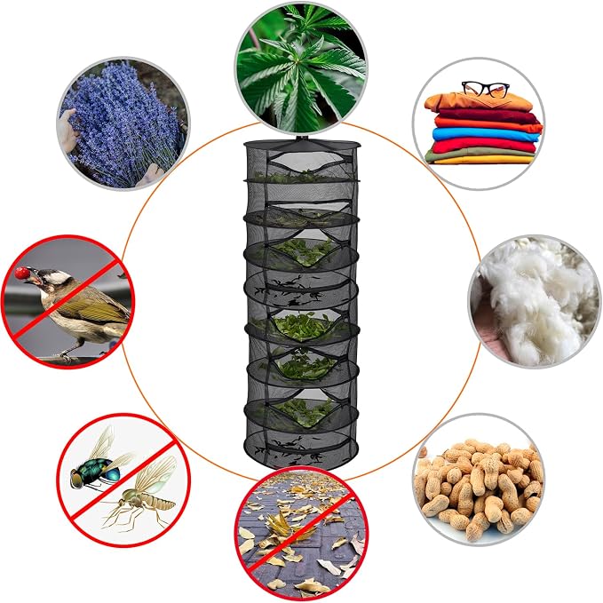 Desy & Feeci Drying Net Herbs 8-Layer Hanging Herb Drying Rack Drying Net with Zippers, Black, 23.6 x 63 inches