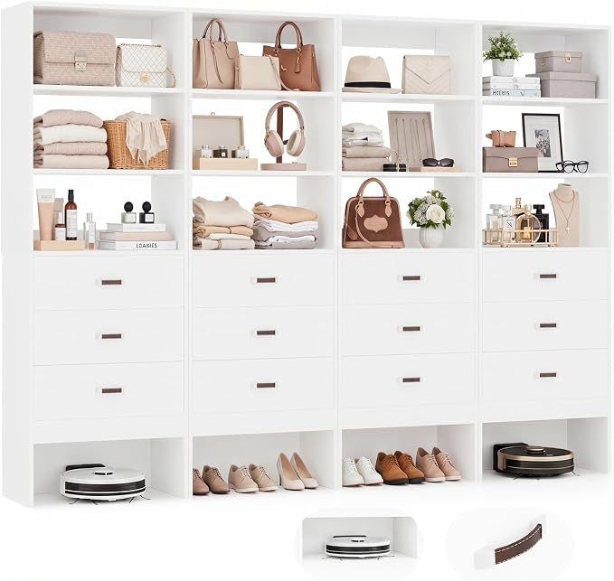 8FT Closet System with Leather Handles, 96" Walk-in Closet Storage Unit with Cabinet, Wood Wardrobe Closet Organizer and Storage with 12 Drawers, Set of 4, White