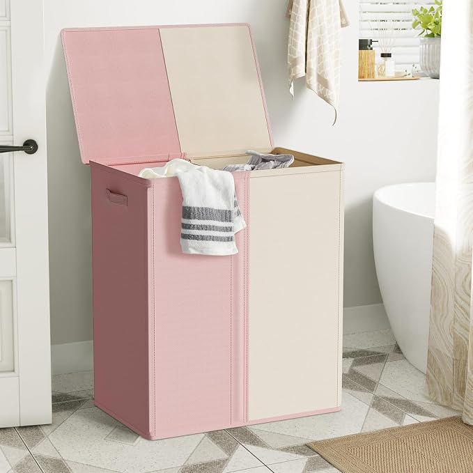 WOWLIVE Double Laundry Hamper with Lid, 154L Large Laundry Basket Organizer | Collapsible Dirty Clothes Hamper 2 Section, with Removable Laundry Bags for Laundry Room, College Dorm, Pink and Beige
