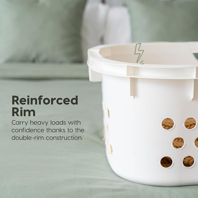 IRIS USA Plastic Laundry Basket 1.5 Bushel (50L), Built-In Handles, White | Clothes Hamper with Ventilation Holes, Reinforced Rim, Hip Hold Design, Large capacity