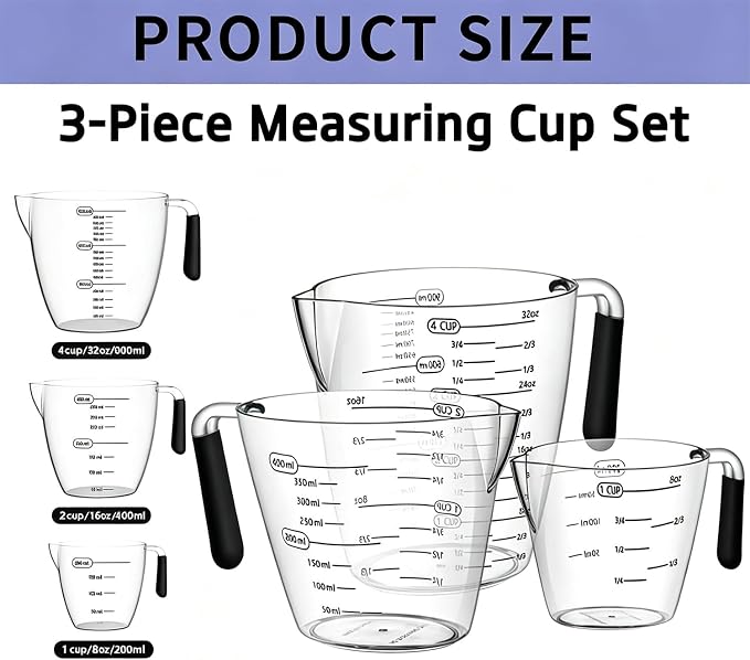 Measuring Cups,3 Pcs Plastic Measuring Cups(1, 2 & 4 Cup),Liquid Measuring Cups For Prepping, Baking and Cooking, Preheated Oven, Dishwasher, Freezer, and Microwave Safe