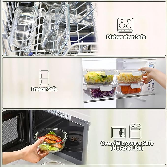 M MCIRCO 10-Pack Glass Food Storage Container with Lids, Airtight Lunch Bento Boxes, Glass Meal Prep Container,Microwave, Oven, Freezer and Dishwasher Friendly, White