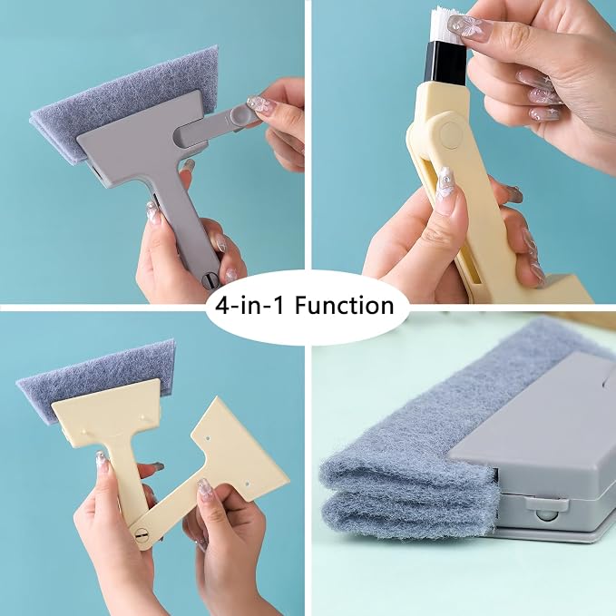 Window Track Cleaner Tool, 3Pcs 4-in-1 Groove Cleaning Brush (with Bristle Brush, Gap Dustpan, Scraper) + 4pcs Replacement Cloth, Washable Cleaning Gadgets for Sliding Door, Sill, Car Vents