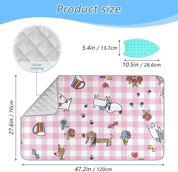 Cute Dog Pink Ironing Mat Portable Ironing Pad Blanket with Silicone Iron Rest for Table Top Travel Heat Resistant Double-Side Using Large 47x28 Inch Foldable