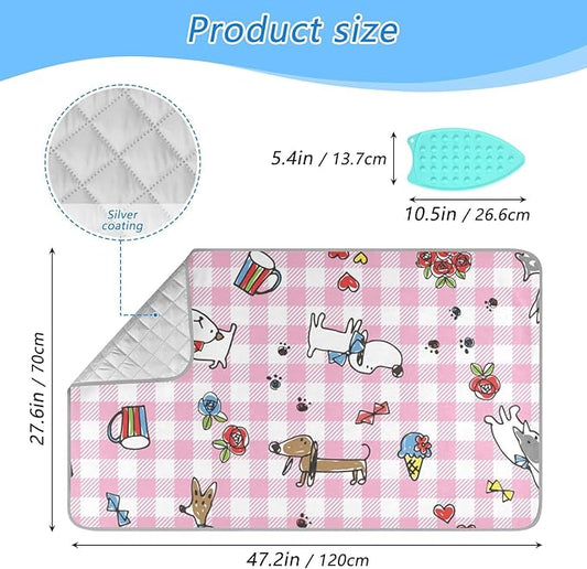 Cute Dog Pink Ironing Mat Portable Ironing Pad Blanket with Silicone Iron Rest for Table Top Travel Heat Resistant Double-Side Using Large 47x28 Inch Foldable