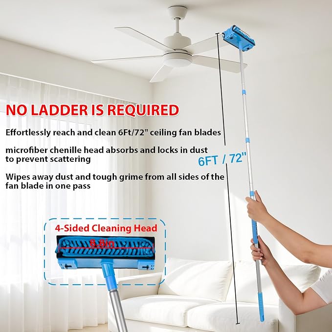 Ceiling Fan Cleaner Duster, 6Ft/72in Extension Aluminum Pole, Blue | 4 Reusable Chenille & Microfiber Mop, High Ceiling Fan Blade Cleaning Tool for Cleaning Walls Floor, Baseboard, Cobweb