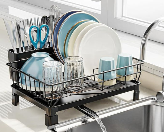 GSlife Small Dish Drying Rack for Kitchen Counter with Drainboard - Compact Dish Drainer for RV, Camper and Apartment, Rust-Resistant Wire Rack with Utensil Holder, 15"L x 10"W, Black