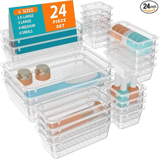 WOWBOX 24 PCS Clear Plastic Drawer Organizer Set, 4 Sizes Desk Drawer Organization and Storage Containers for Makeup, Cosmetics, Jewelry and Gadgets in Kitchen, Bathroom, Bedroom, Office, Clear
