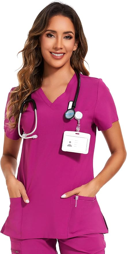Scrubs Tops for Woman - Soft Stretch, V-Neck Tops | 3 Pockets, Side Split Design, Short Sleeve, Breathable & Lightweight Nursing Shirt, Easy-Care Fabric for All-Day Comfort