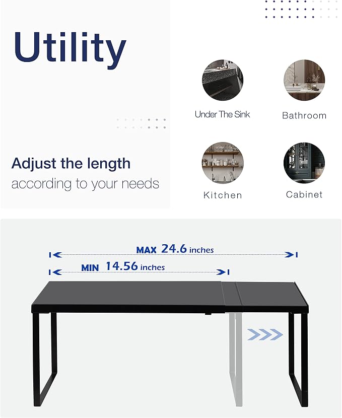 Nxconsu Cabinet Shelf Expandable Organizer Riser Rack for Kitchen Pantry Cupboard Under Sink Countertop Home Organization Extra Storage Space Saver Heavy Duty Metal Edgeless Design Black Large