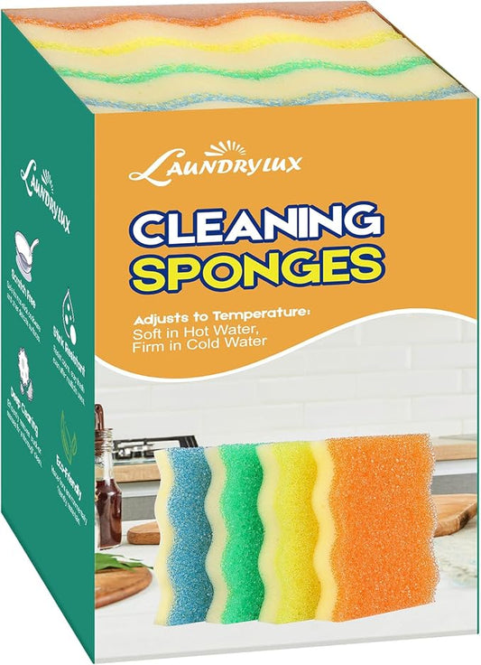 LAUNDRYLUX Scrub Sponge, 8 Pack Dual-Sided Temperature-Responsive Scrubber - Non-Scratch - Multipurpose Dish Sponges for Kitchens, Bathrooms, and Outdoor Use - Wave-Shaped