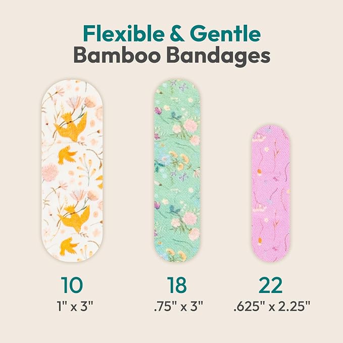 FEBU Wildflower Meadow Print Bamboo Fabric Bandages, 50 Count Strip | PFAS-Free, Natural Hypoallergenic, Compostable, Latex Free; For Scraps, Cuts and First Aid
