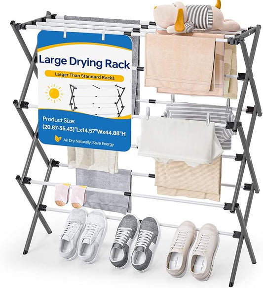 Large Clothes Drying Rack, Metal Expandable Laundry Rack, 44.88" Height, Adjustable Width 20.87-35.43in, Space Saving Foldable, Indoor Outdoor Use for Laundry, Towels, Shoes, Grey White