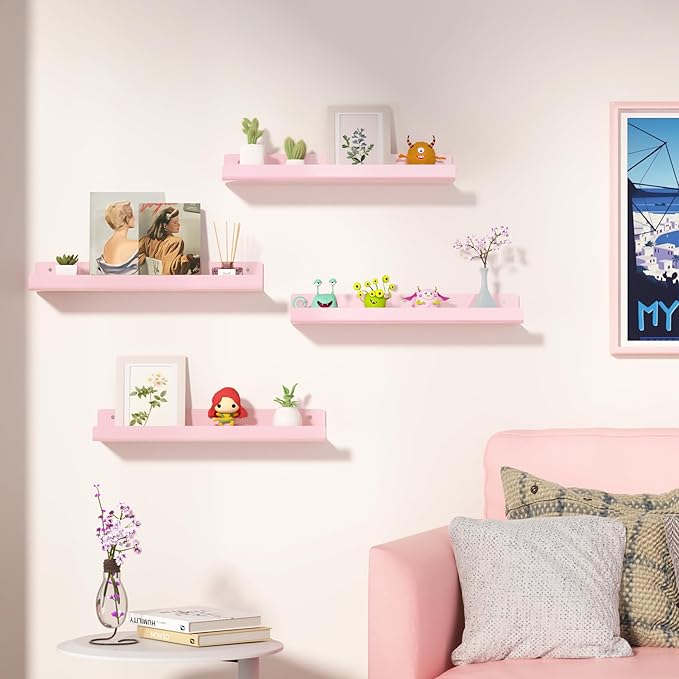 upsimples Acrylic Shelves for Wall Decor, 15" Display Shelf Perfume Organizer for Bathroom, Bedroom, Living Room, Floating Bookshelves for Kids, Pink, 4 Pack