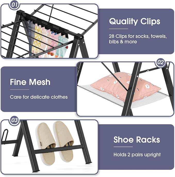 APEXCHASER Clothes Drying Rack, 67.7" L Height Adjustable, Foldable, Black | 1.5"Folded, No Assembly, Space-Saving, Spacious Design, Adjustable Wings, Clips, Mesh Shelf, Shoe Rack, Indoor & Outdoor Use