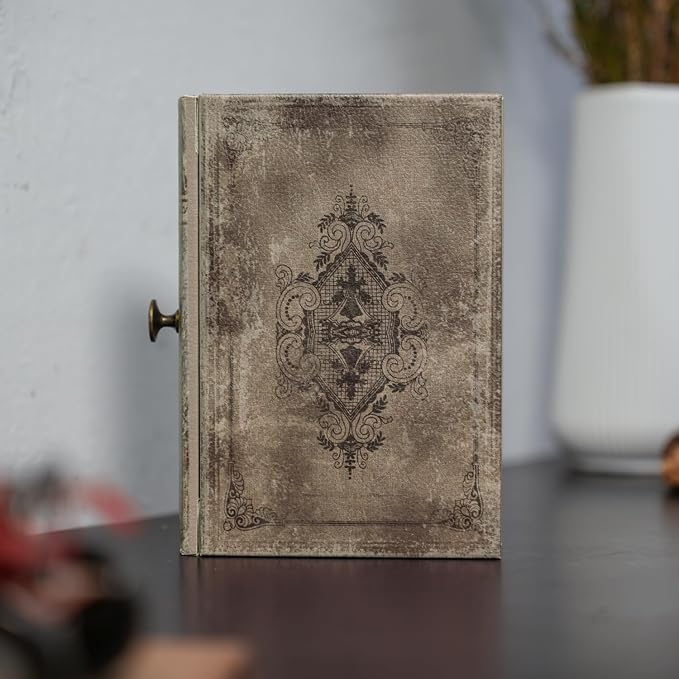 Vintage Book-Shaped Storage Box with Drawer, Distressed Vintage Brown Faux Leather Finish and Gothic Medallion Motif, Decorative Hidden Organizer for Home or Office 11.8″ x 8.7″ x 2.4″