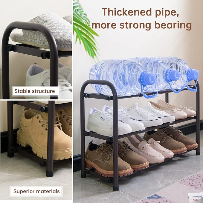 Gonfoam Expandable 3-Tier Shoe Rack for Closet and Entryway, Bronze | Tool-Free Assembly, Metal Material, Adjustable Shoe Organizer, Sturdy, Small Space Solution, Dorms, Garages, Apartments.