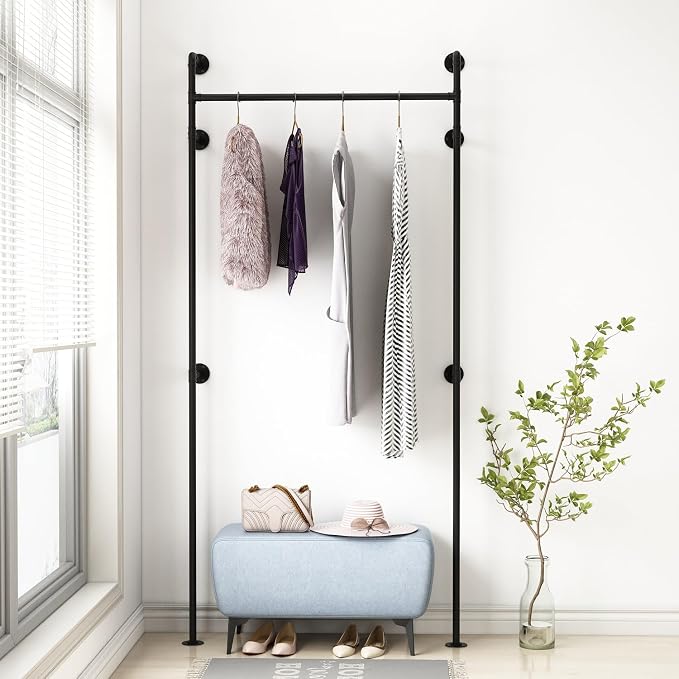 Industrial Pipe Clothing Rack, Heavy Duty Clothes Rack for Hanging Clothes, Wall Mounted Display Garment Rack for Home Retail Boutique (Single, Black)
