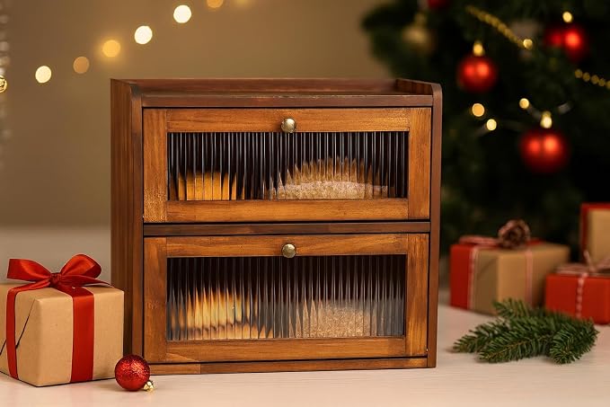 Sunhoo Bread Box for Kitchen Countertop Wooden Bread Storage Container Bin 2 Layer Breadbox Holder Large Capacity Keeper Vintage Farmhouse Food Organizer Pantry Shelf Acrylic Window (Brown)