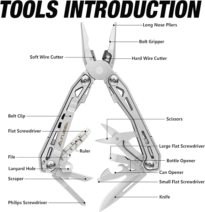 FLISSA 16-In-1 Multi Tool, EDC Multitool, Silver | Gift for Men, Stainless Steel, Pocket Knife, Pliers, Belt Clip, Oxford Sheath, Safety Locking, For Camping, Outdoor