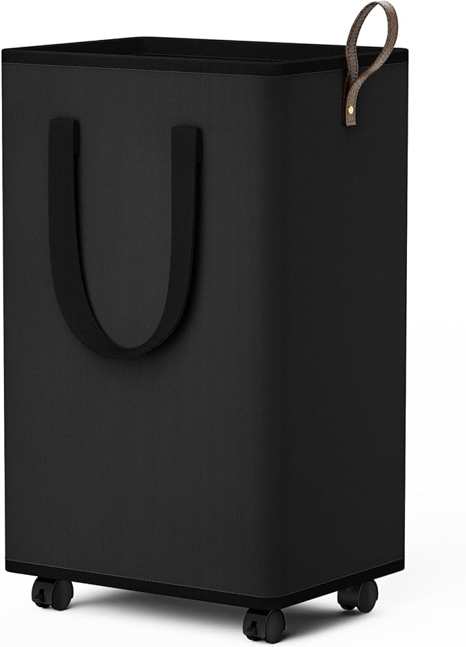 SpaceTrove Rolling Laundry Basket with Wheels, Laundry Hamper, 80L, Black | Collapsible, 4 detachable wheels including 2 with brakes, sturdy handle, metal frame, for dorms, bathrooms and bedrooms