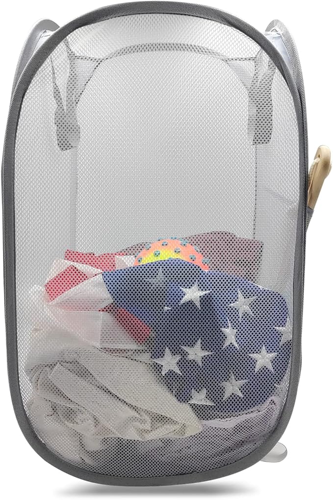 Sturdy Mesh Laundry Hamper Basket Bag,collapsible Pop up for Laundry Room | Folding Foldable Baskets with Side Pocket Travel Clothes Organizer for Bathroom,Kids Room,College Dorm (Vertical,Grey)