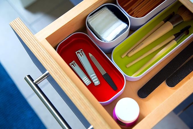 Three by Three Seattle Metal Drawer Organizer Tray Set, 5-Pc, 1" (Assorted) | Colorful 1" metal bins; food-safe; soft non-scratch base; kitchen, bathroom, vanity, desk & office drawers