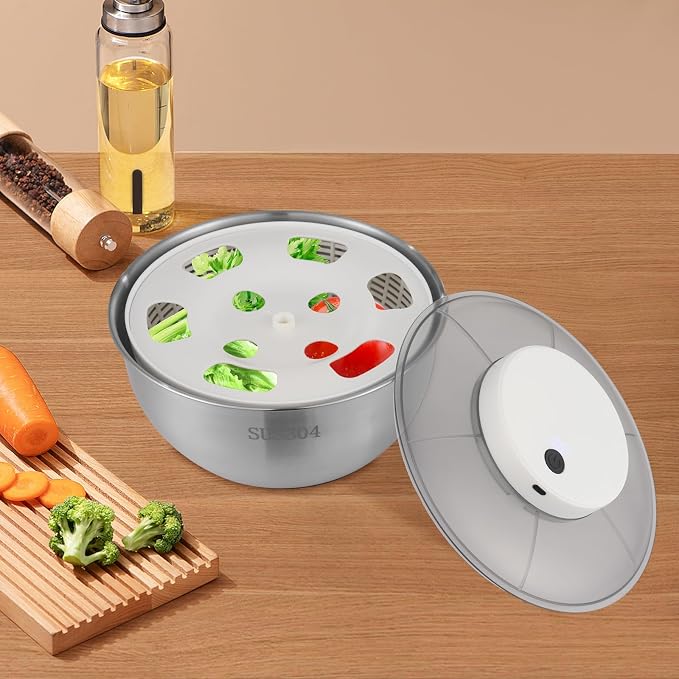 Electric Salad Spinner, 304 Stainless Steel Lettuce Spinner with USB Rechargeable, 10s Fast Spin Vegetable Dryer and Washer for Kitchen, Salad Greens, Fruits
