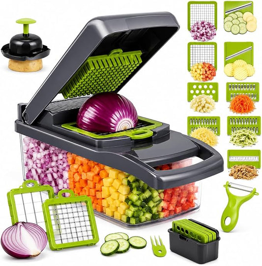 16-in-1 Vegetable Chopper with Container, 8-Blade Food Chopper, Onion Chopper, Veggie Cutter & Mandoline Slicer, BPA-Free Kitchen Gadget