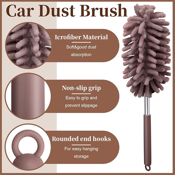 2 PCS Car Interior Duster with Extension Pole, Dusters for Cleaning | Microfiber Car Dusters with Bendable Head, Duster Interior & Exterior Scratch Free for Vehicle, Offices, Window (Brown)